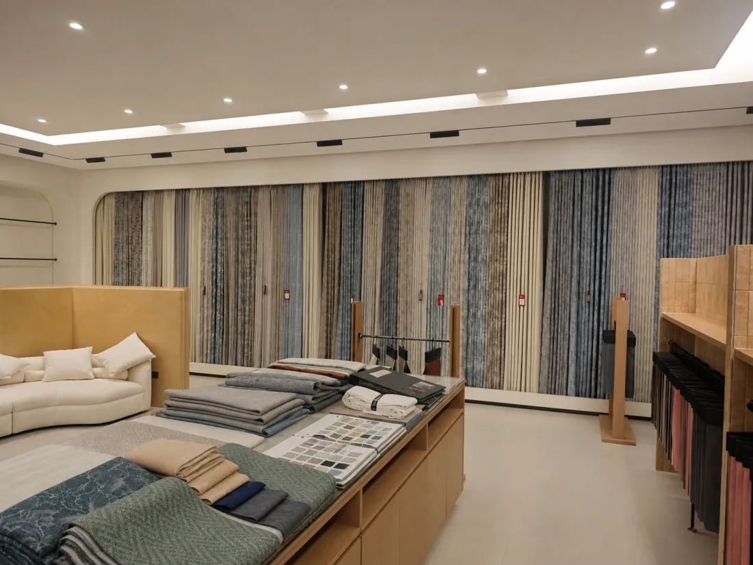 Curtain showroom with finished displays and fabric samples