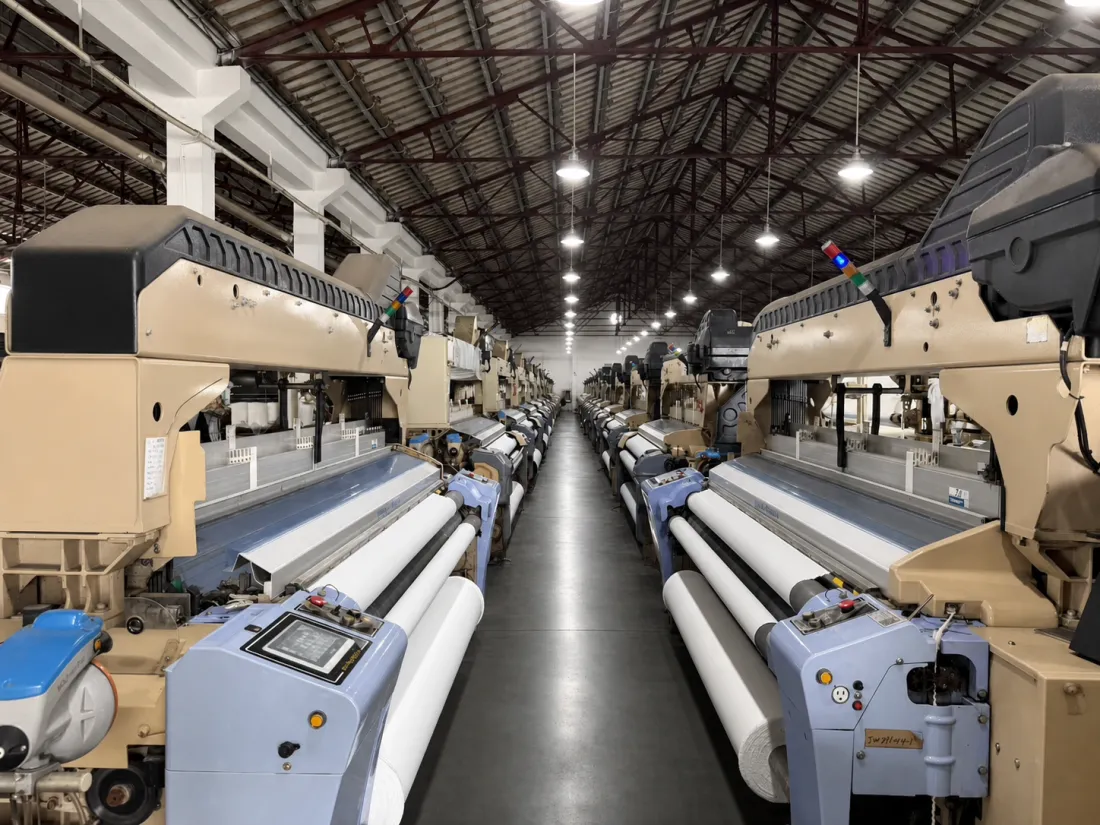 Rows of weaving equipment in a curtain fabric production workshop